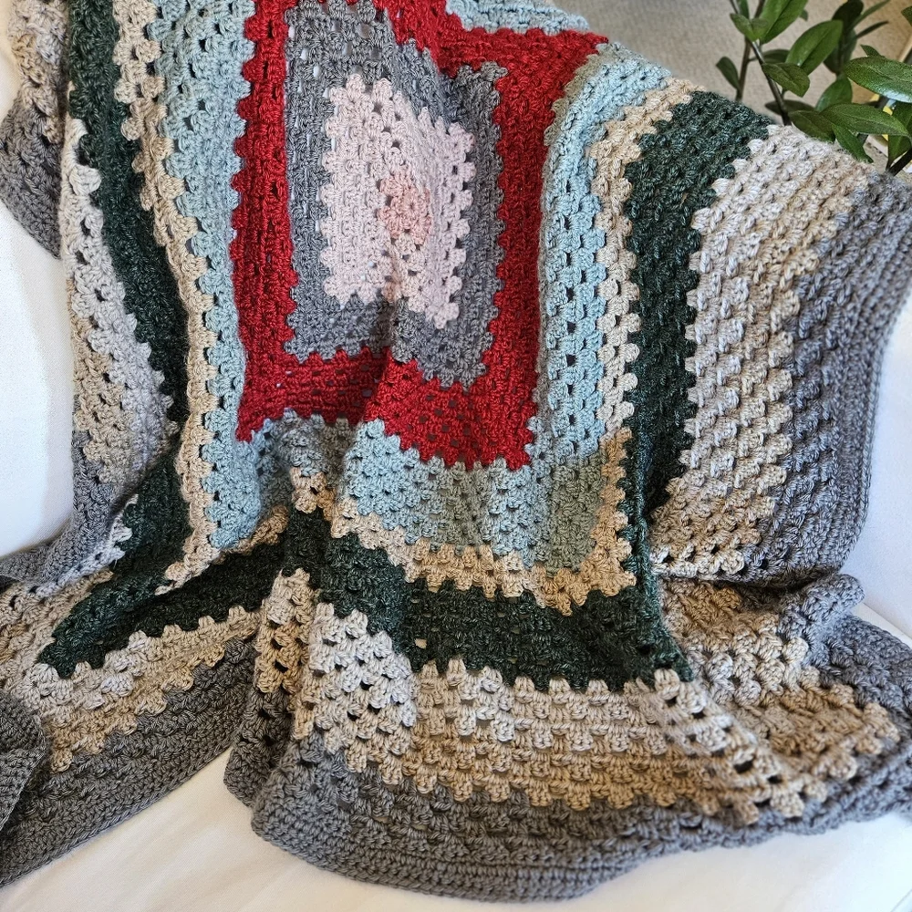Handmade Granny Square Blanket Red, Pink, Tan, Grey, Green 100% Washable Acrylic
